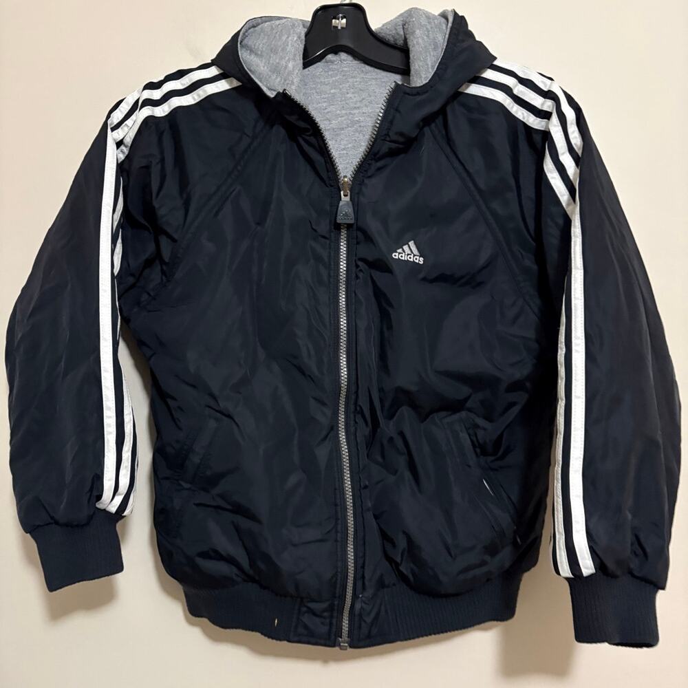 Adidas Boys Youth Reversible Hooded Winter Jacket Black Gray M 10-12